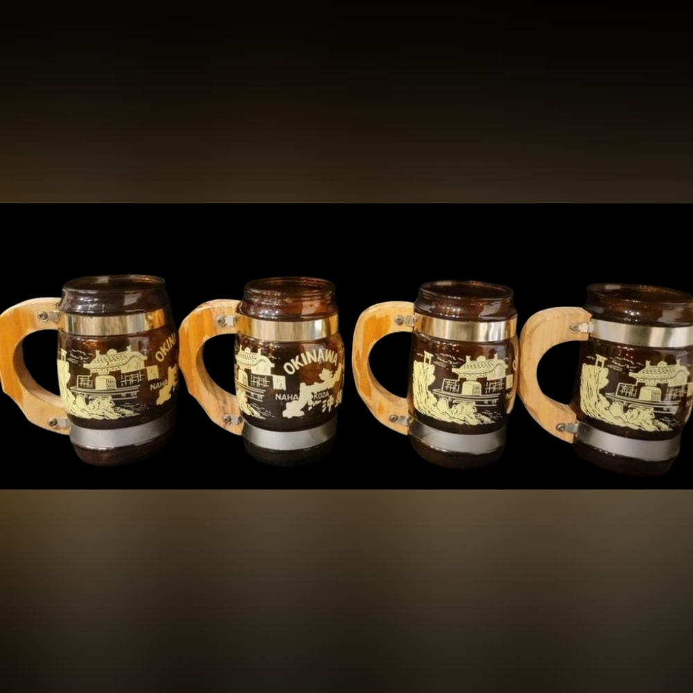 Four Vintage Okinawa, Japan Souvenir Barrel Amber & Brass Mugs w/ Wooden Handles